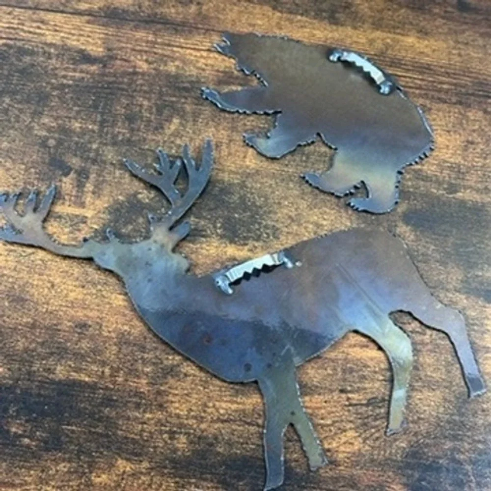 Metal Wall Art Bear Deer Silhouette Iridescent Heat Treated Finish Steel Set‎